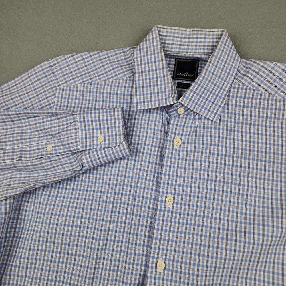 David Donahue Shirt Mens 16.5 34/35 Blue Gingham Trim Fit Button Up Dress